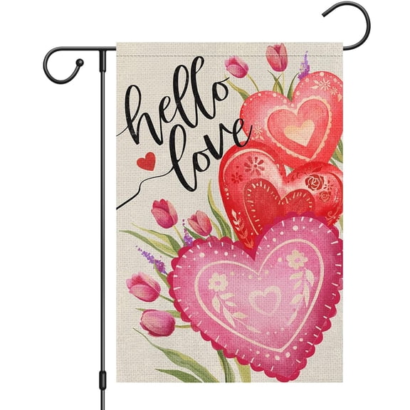 House Flag Valentines Hello Love Heart Flag, Floral Wedding Anniversary Holiday Outdoor Decoration Flag, 28x40 POLE NOT INCLUDED
