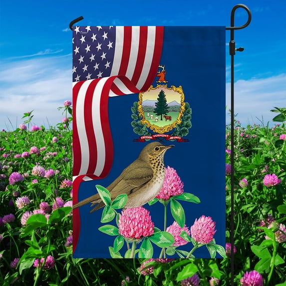House Flag Vermont State Hermit Thrush Bird and Red Clover Flower, Green Mountain Pride, 28x40 POLE NOT INCLUDED