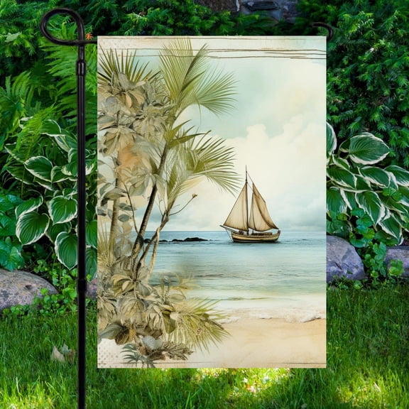House Flag Vintage Sailboat Flag Coastal Palm Island Ocean Outdoor Decoration, 28x40 POLE NOT INCLUDED