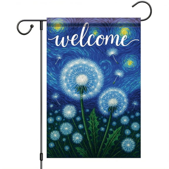 House Flag Welcome Van Gogh Starry Sky Dandelion Floral Flag Outdoor Seasonal Decoration, 28x40 POLE NOT INCLUDED