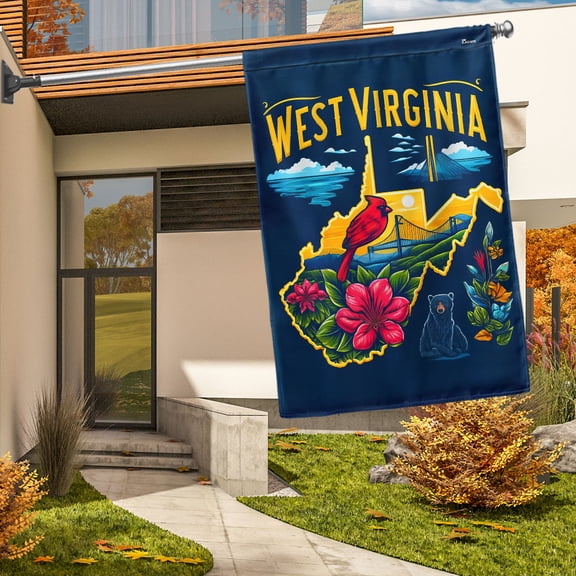 House Flag West Virginia Cardinal Rhododendron Black Bear Map, State Pride, 28x40 POLE NOT INCLUDED