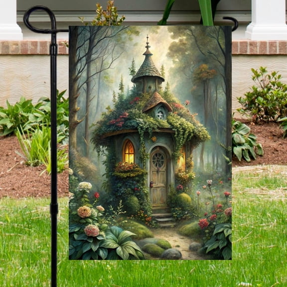 House Flag Whimsical Fairy House Flag Mossy Forest Outdoor Decoration, 28x40 POLE NOT INCLUDED