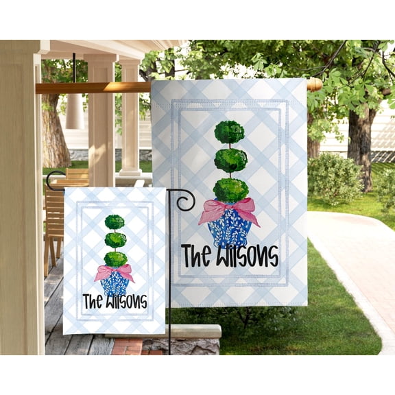 House Flag Whimsical Personalized Topiary Flag Mothers Day Custom Family Name Pink Bow Chinoiserie Preppy V94, 28x40 POLE NOT INCLUDED