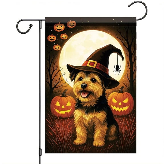 House Flag Winter Holiday Flag Yorkshire Terrier Dog Pumpkin Witch Hat Spider Outdoor Decor, 28x40 POLE NOT INCLUDED