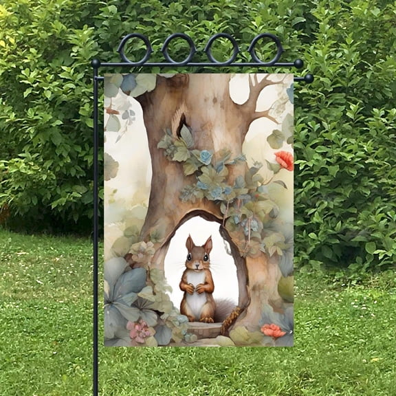 House Flag Woodland Squirrel Flag Cottage Forest Outdoor Decoration, 28x40 POLE NOT INCLUDED
