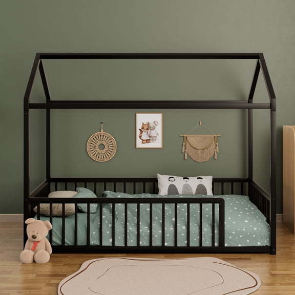 House Floor Bed Twin Size with Fence for Kids, Grounded Metal Bed Frame with Rails, Black