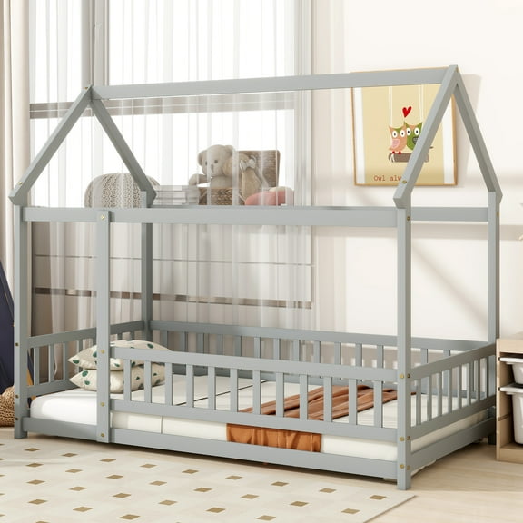 House Floor Bed with Roof Frame, Twin Size Wooden Floor Bed with Safety Fence, Natural Rubber Wood Canopy Bed Frame for Playroom & Bedroom,Grey