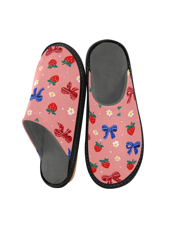 House Fuzzy Slippers Warm Non-slip Fuzzy Flat Slides Bows and Strawberries Pattern