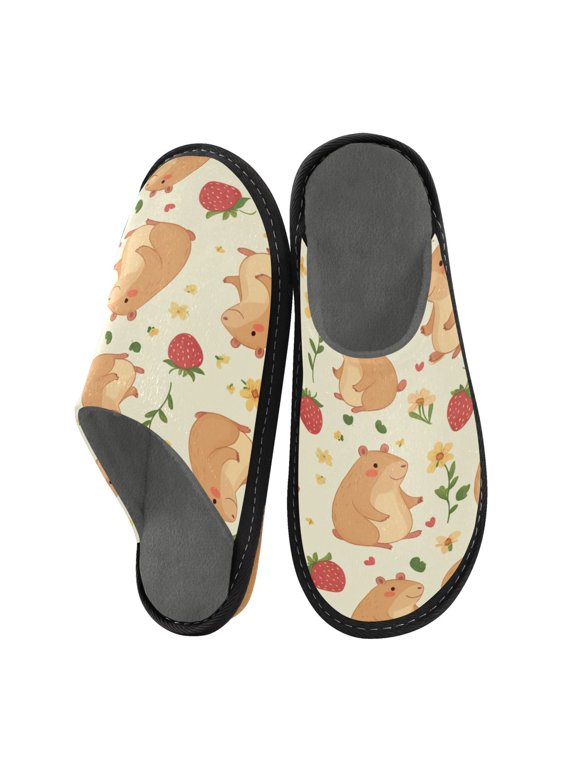 House Fuzzy Slippers Warm Non-slip Fuzzy Flat Slides Capybaras and Strawberries