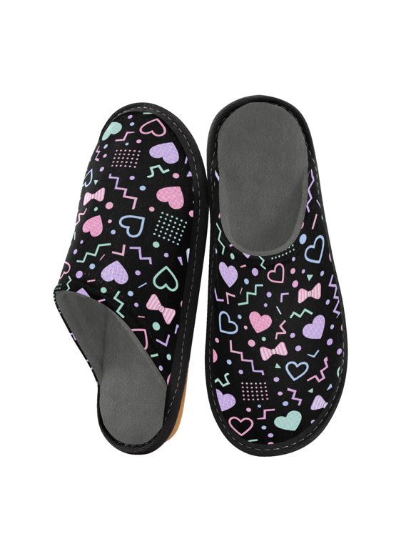 House Fuzzy Slippers Warm Non-slip Fuzzy Flat Slides Heart and Zigzag Patterns