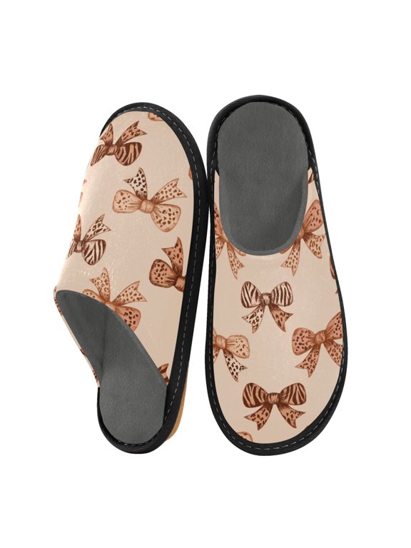 House Fuzzy Slippers Warm Non-slip Fuzzy Flat Slides Leopard Print Bow