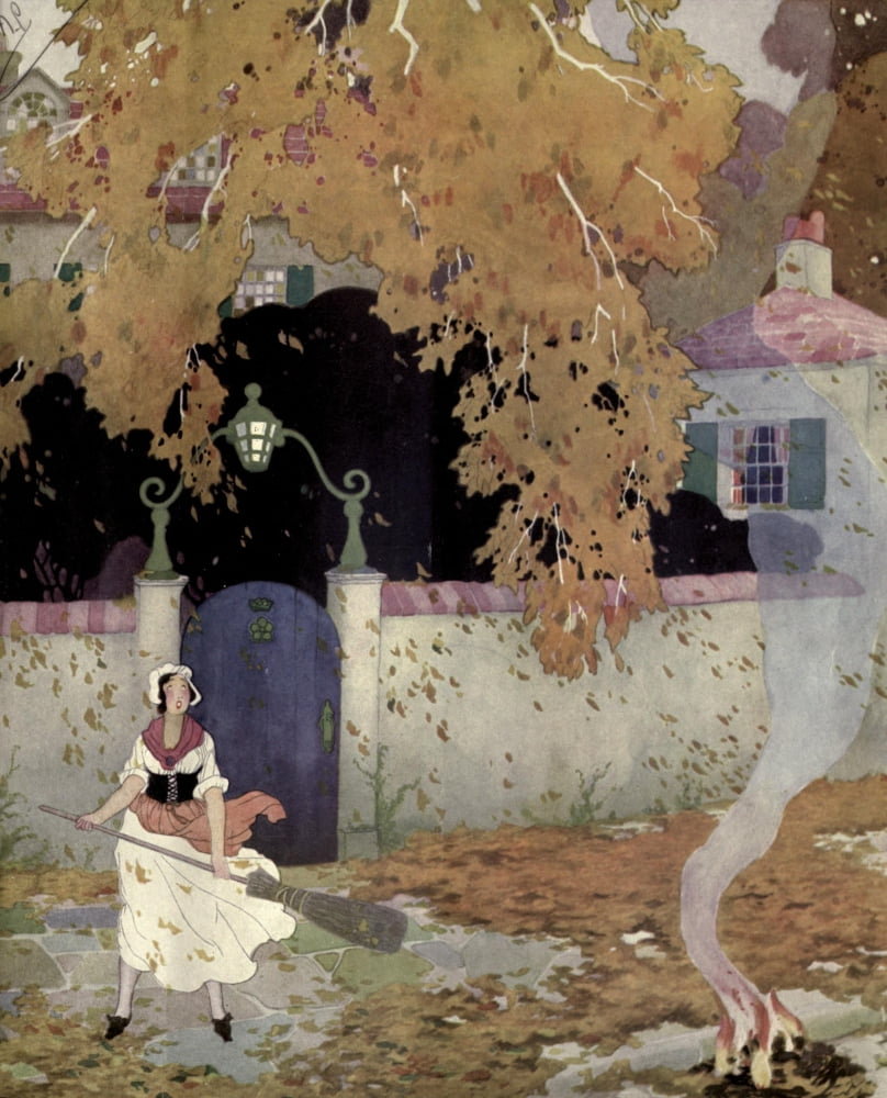 House & Garden 1916 Woman sweeping leaves Canvas Art - Unknown (18 x 24)