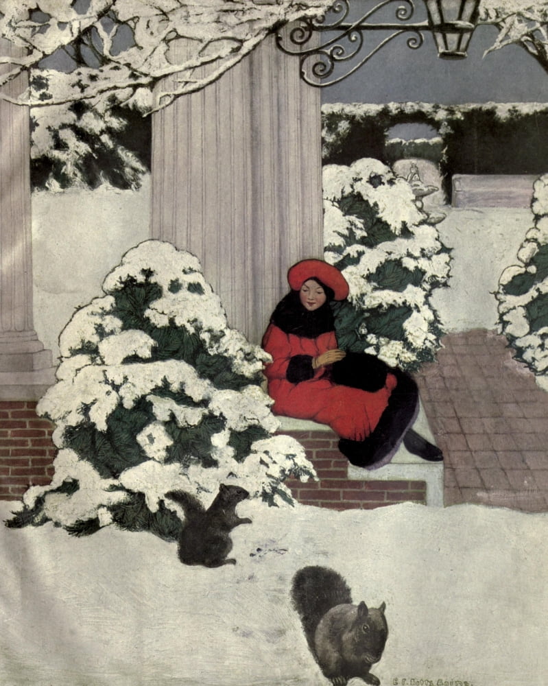 House & Garden 1917 Girl & squirrel in snow Canvas Art - Ethel Franklin Betts (18 x 24)