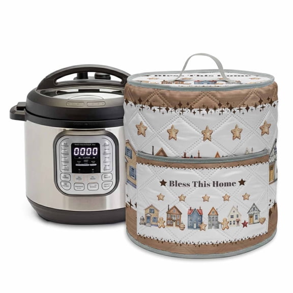 House Gingerbread Man Rice Cooker Cover 6 Quart Star Christmas Bless This Home Wooden Stripes Pressure Cooker Cover Appliance Protector Dust Case with Pocket and Handle for Kitchen