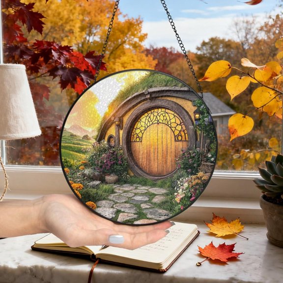 House Glass Suncatcher, Fantasy Window Hanging Gifts For Book Lovers Fans, Cottage Rural Rustic Scenery Wall Art Gifts For Mom Nanny, Suncatcher Window Hanging, 3.5 in