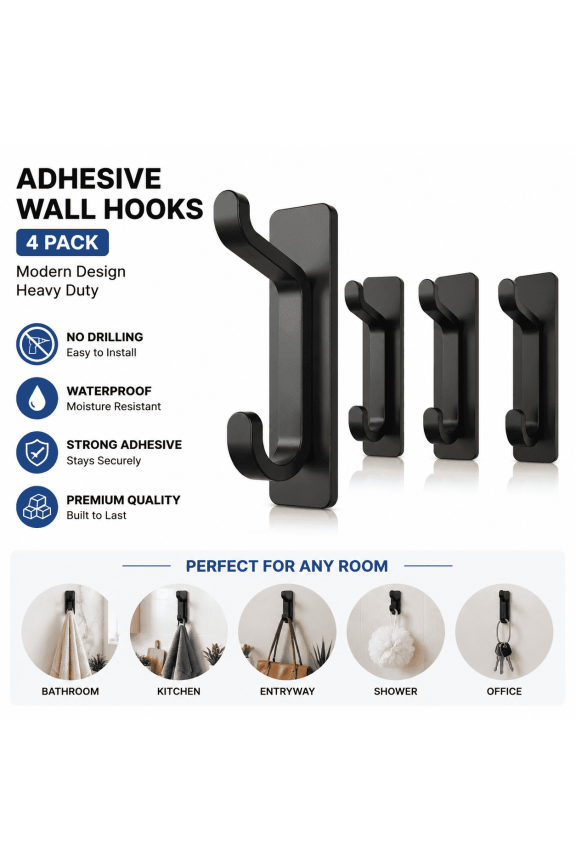 House Hook for Towel, Coat, Cloth, Door, Matte Black Wall Mounted Self-Adhesive Hanger for Shower Kitchen Bathroom Heavy Duty, 4 Pack
