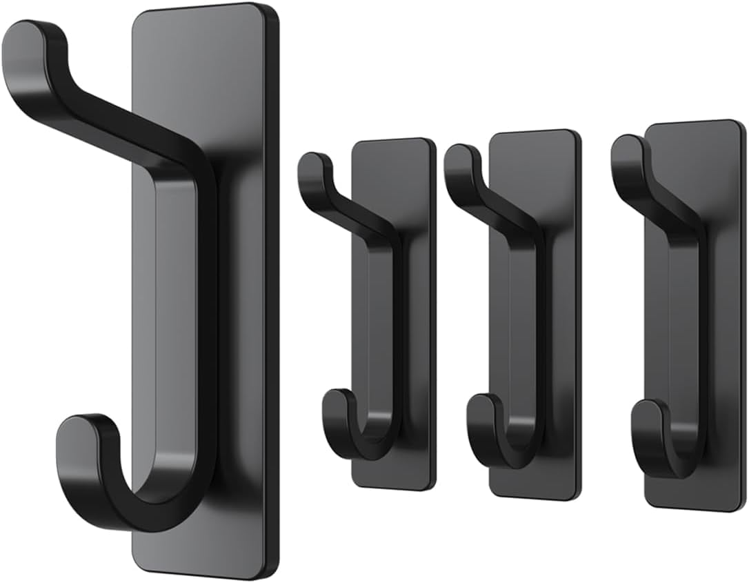 NIFFGAFF House Hook for Towel, Coat, Cloth, Door, Matte Black Wall Mounted Self-Adhesive Hanger for Shower Kitchen Bathroom Heavy Duty, 4 Pack