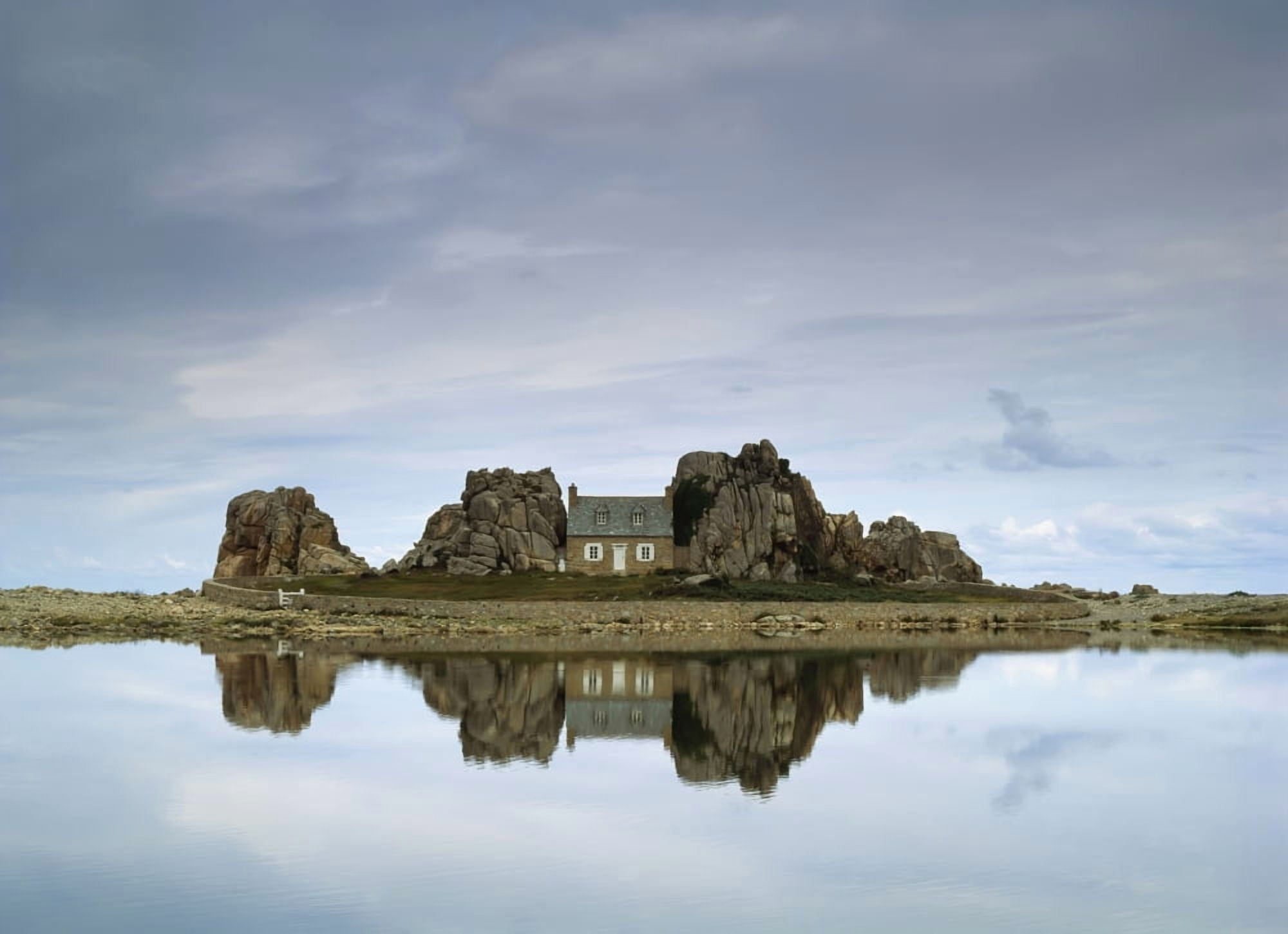 House In Between Rocks Reflected Canvas Art - Ellen Rooney Design Pics (36 x 26)
