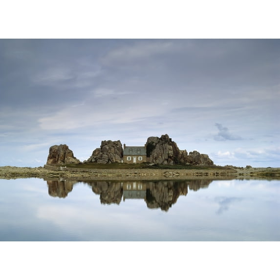 House In Between Rocks Reflected Poster Print (18 x 13)