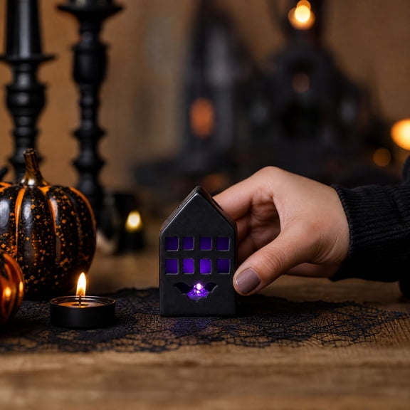 House LED Figurine B - Matte black ceramic house with purple LED, battery-powered. Style B for Mantel, Shelf, and Party Decor