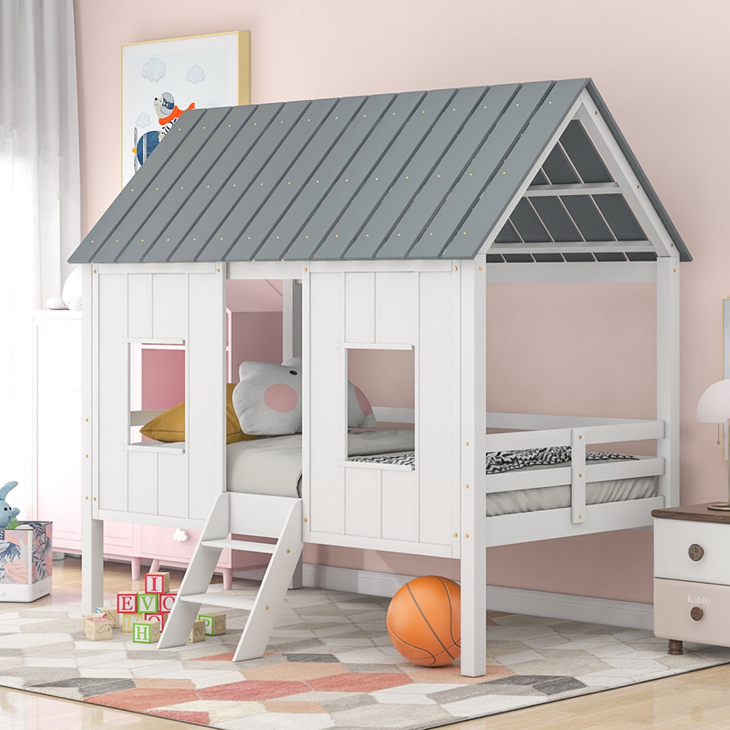 House Loft Bed with Roof and Window, Twin Size Low Loft Bed Frame with ...