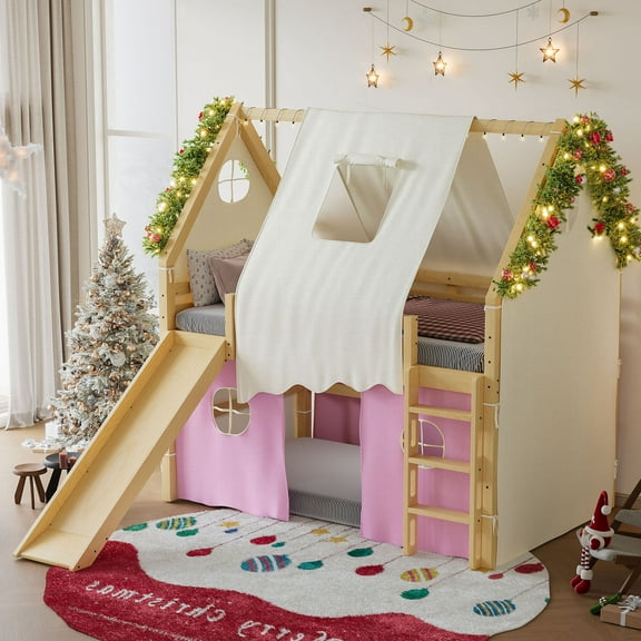 House Loft Bed with Slide and Tent, Full Size Solid Wood Loft Bed with Ladder, LED Lights and Guardrails, Space-Saving Elevated Bed Frame, No Box Spring Needed,Natural+Pink