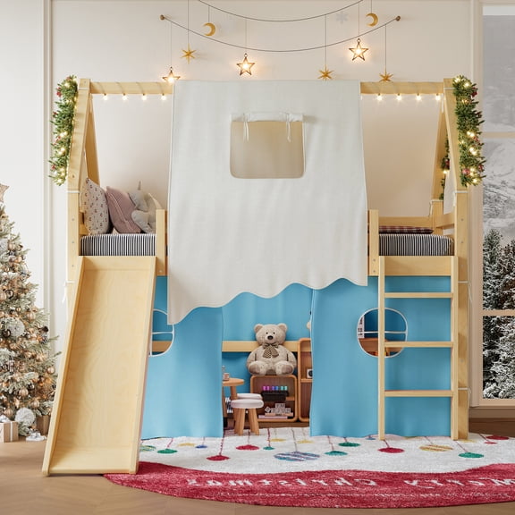House Loft Bed with Slide and Tent, Twin Size Solid Wood Loft Bed with Ladder, LED Lights and Guardrails, Space-Saving Elevated Bed Frame, No Box Spring Needed, Natural and Blue