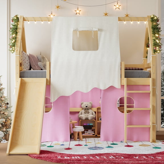 House Loft Bed with Slide and Tent, Twin Size Solid Wood Loft Bed with Ladder, LED Lights and Guardrails, Space-Saving Elevated Bed Frame, No Box Spring Needed,Natural+Pink