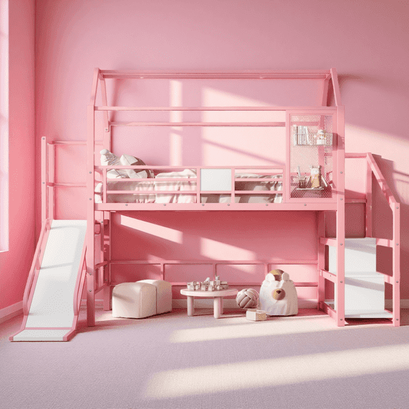 House Loft Bed with Slide and Stairs, Full Metal Playhouse Bed with Storage Shelves, Space-Saving Design, Noise-Free Pink Frame, for Modern Bedrooms
