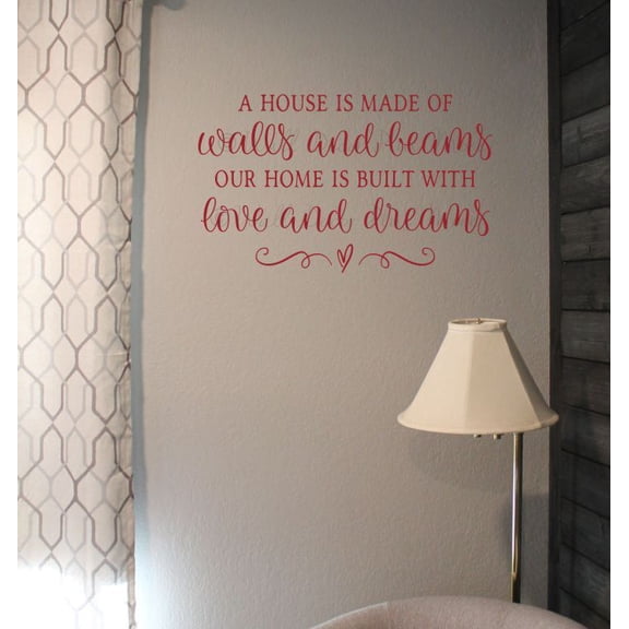 House Made With Walls Beams Home Love Dreams Quote Decals for Wall - Living Room Wall Stickers - Die-Cut Vinyl Wall Art - Family Quotes Wall Decor - Vinyl Decal Sayings - 23x14- Inch, Red