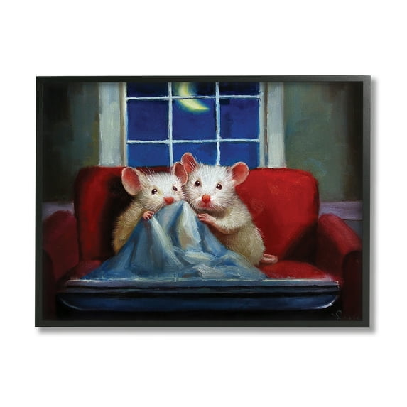 House Mice Snuggling Under Blanket Watching TV 20 in x 16 in Framed Painting Art Prints, by Stupell Home Décor