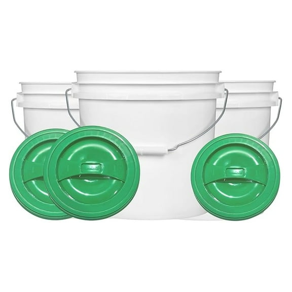 House Naturals 2 Gallon White Bucket with Screw on Lid - Pack of 3 Made in USA contrainers (White Buckets with Green Lids)