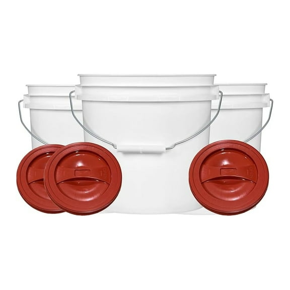 House Naturals 2 Gallon White Bucket with Screw on Lid - Pack of 3 Made in USA contrainers (White Buckets with Red Lids)
