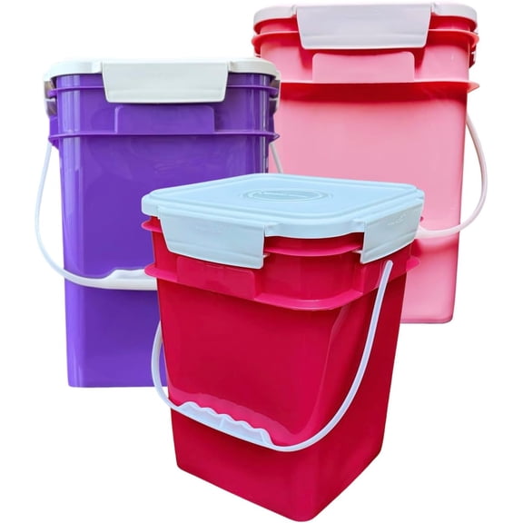 House Naturals 4 Gallon Square Food Grade Bucket Pail with Plastic Handles and Lid (Pack of 3) Made in USA containers (Pink/Magenta/Purple - White lids)