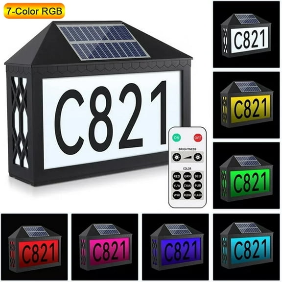 House Numbers Solar Powered Address Sign Light with Remote Control for Outside Home Street Garden Driveway Yard, LED Waterproof Illuminated Address Plaques 7 Color RGB Solar House Number Lamp