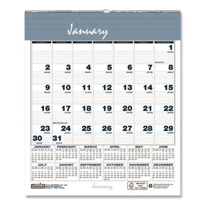 6 in. x 7 in. 12-Month (Jan-Dec 2026) Bar Harbor Recycled Wirebound Monthly Wall Calendar - White/Blue/Gray Sheets