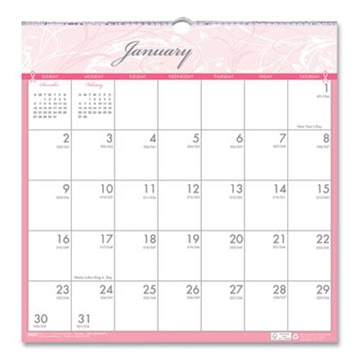 12-Month (Jan-Dec): 2026 12 in. x 12 in. Breast Cancer Awareness Artwork Recycled Monthly Wall Calendar - White/Pink/Gray Sheets