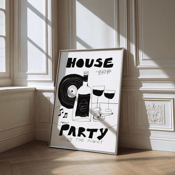 House Party Poster, Retro Wine Poster, Retro Cocktail Poster, Byob, Black And White Bar Cart Art, Trendy Cocktail Poster, Mid Century, Poster Only, Poster Home Decor, Poster Only