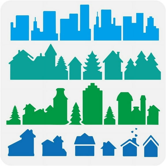 House Pattern Painting Stencil 11.8x11.8 inch Reusable House Landscape Plastic Stencil House Building Silhouette Stencil for DIY Painting on Wood Wall Fabric Furniture DIY Home Decor
