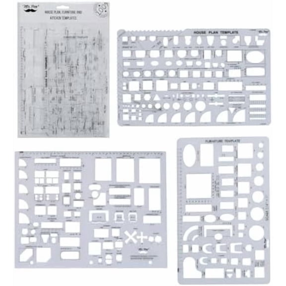 - House Plan, Interior Design and Furniture Templates, Drafting Tools and Ruler Shapes for Architecture - Set of 3
