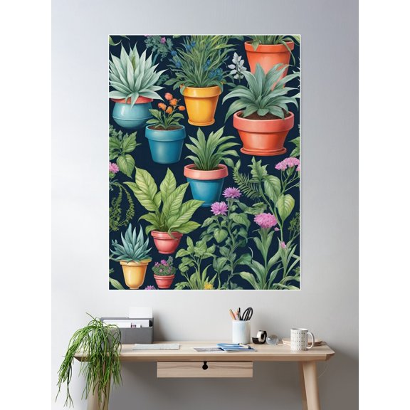 House Plants And Flowering Container Plants On A Black Background Poster Wall Art, Modern Wall Decor For Living Room Bedroom, 8x12 UNFRAMED