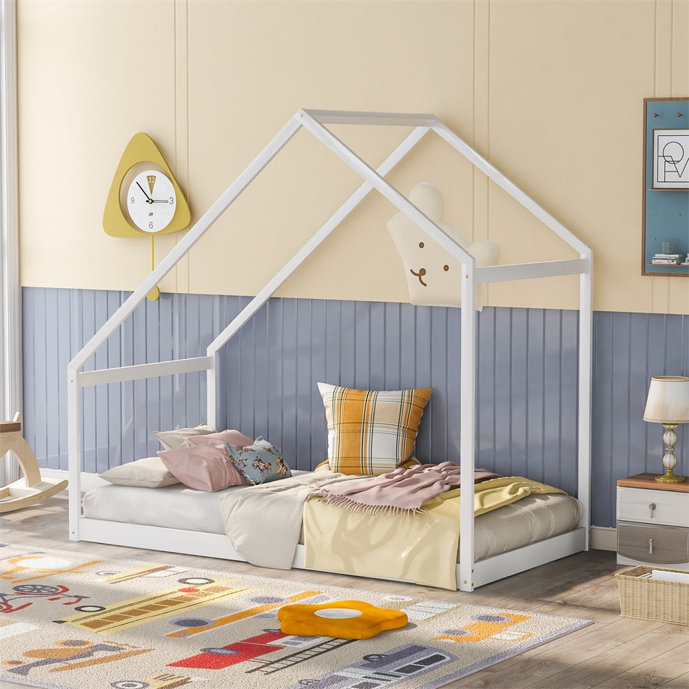 House Platform Bed, Solid Wood Twin Size Low Platform Bed Frame with