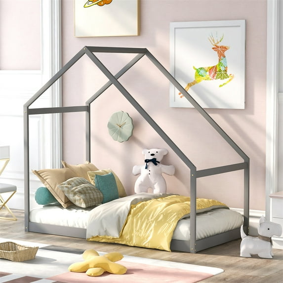 Twin Size House Bed Frame, Wooden Daybed,Floor Bed for Teens,Girls&Boys,Gray