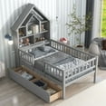 thumbnail image 1 of House Platform Bed with Storage Headboard, Solid Wood Twin Size Platform Bed Frame with Fence Guardrails & 2 Drawers, Multifunctional Daybed Sofa Bed for Living Room Bedroom, No Box Spring Needed Gray, 1 of 7