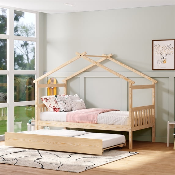 House Platform Bed with Trundle, Solid Wood Twin Size Platform Bed Frame with Headboard & Footboard, Multifunctional Daybed Sofa Bed for Children, Playhouse Bed Tent Bed for Boys Girls, Natural