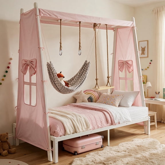 House Platform Bed Twin Size with Tent and Swing, Metal Bed Frame with Hammock and Window, Steel Slats and No Box Spring Needed, White & Pink