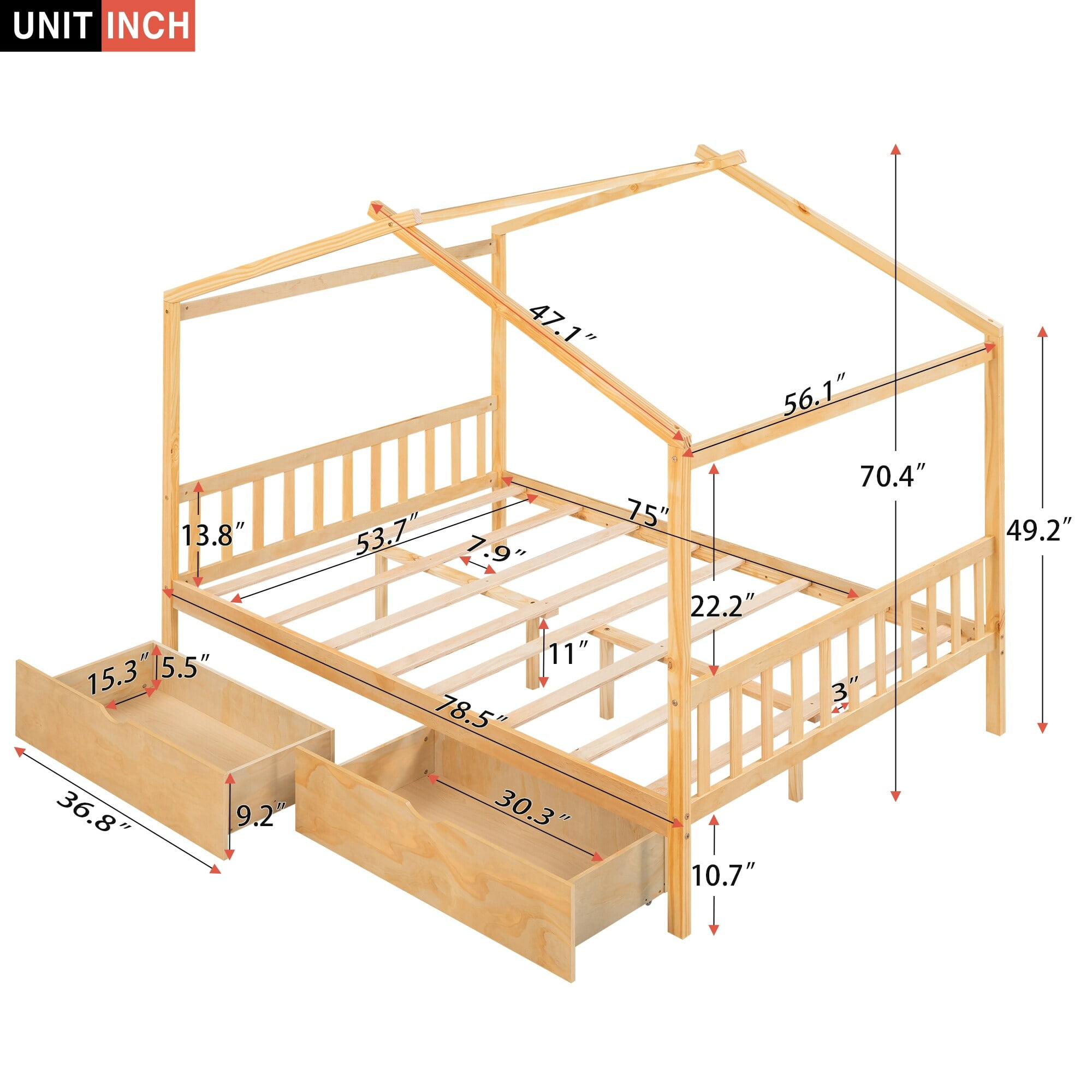 Natural Pine Full Platform Bed with Headboard and Storage Drawers