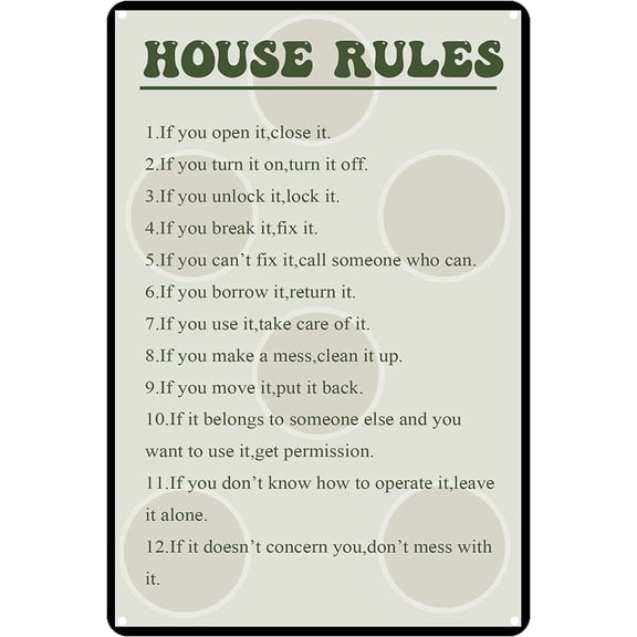 House Rules Metal Sign Vintage Wall Sign Retro Poster Wall Decor Restaurants Living Rooms Bedroom Bathroom Garage Door Plaque Tin Sign Size: 12 x 16 inch