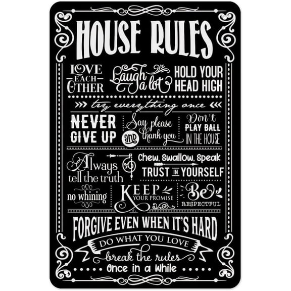 House Rules Metal Tin Sign Black & White Family Rules Typography Poster, Chalkboard Farmhouse Rustic Wall Art for Entryway Kitchen Living Room, Vintage Home Decor 12x8 Inch