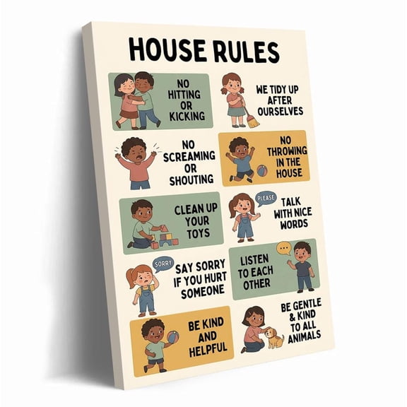 House Rules Playroom Wall Art Positive Discipline Behavior Chart Educational Arts Childrens Room Classroom Wall Decor, Unframed Paper Print